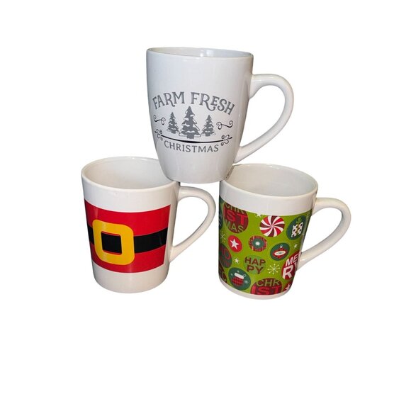 Set Of 3 Christmas Theme Mugs  Farm Fresh Christmas  Santa Belt  Holiday Ornamen - Picture 1 of 15